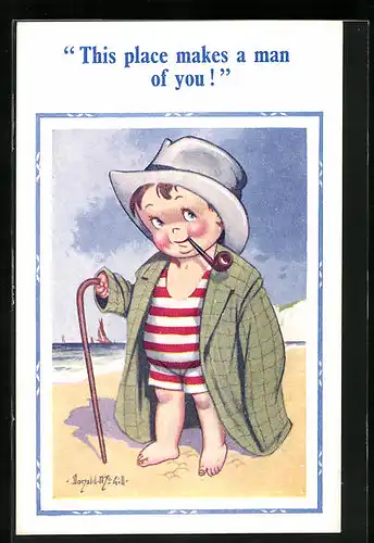 Künstler-AK Donald McGill: This place makes a man of you!, Junge im Badeanzug mit Tabakpfeife am Strand