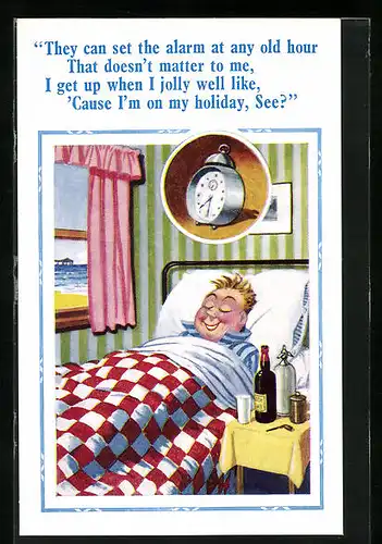 Künstler-AK Donald McGill: They can set the alarm at any old hour..., Mann im Bett träumt von seinem Wecker