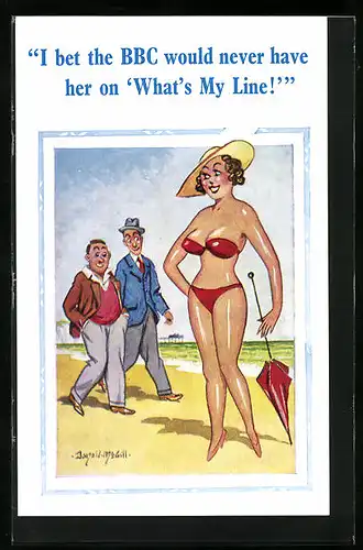 Künstler-AK Donald McGill: I bet the BBC would never have..., Zwei Herren schauen zu Frau im Bikini am Strand