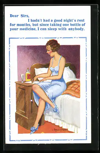 Künstler-AK Donald McGill: Frau sitzt auf dem Bett und schreibt einen Brief