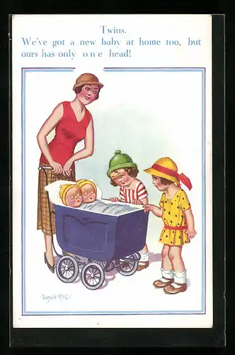 Künstler-AK Donald McGill: We`ve got a new baby at home too, but ours has only one head!