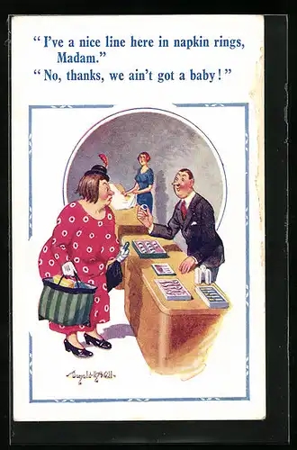 Künstler-AK Donald McGill: I`ve a nice line here in napkin rings,...