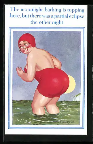 Künstler-AK Donald McGill: The moonlight bathing is topping here, ...