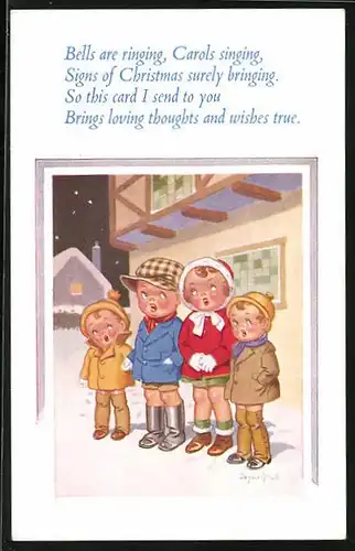Künstler-AK Donald McGill: Bells are ringing, Carols singing, Kinder singen Weihnachtslieder