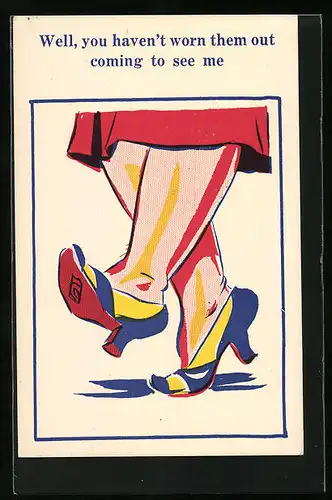 Künstler-AK Donald McGill: Well, you haven`t worn them out coming to see me, laufende Frau