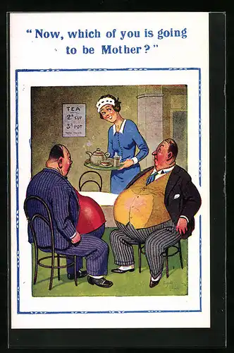 Künstler-AK Donald McGill: Which of you is going to be mother?, Kellnerin mit zwei dicken Männern