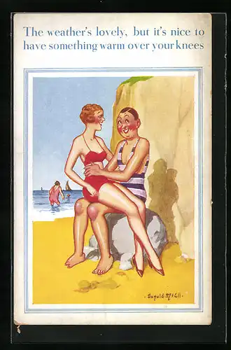 Künstler-AK Donald McGill: The weather`s lovely, Mann mit Frau auf Schoss am Strand