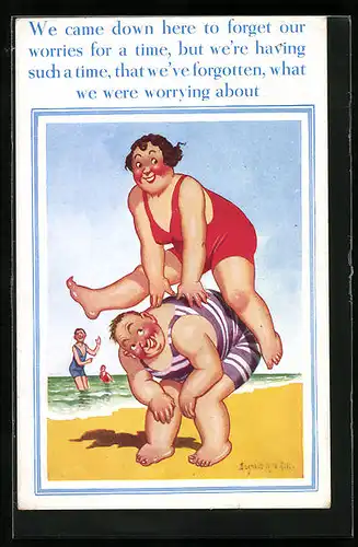 Künstler-AK Donald McGill: we`ve forgotten, what we were worrying about, Frau spring über Mann