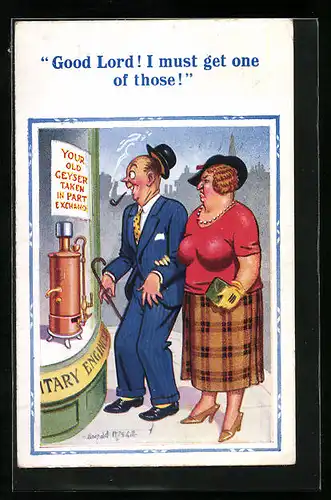 Künstler-AK Donald McGill: Good Lord! I must get one of those!, Pärchen vor Ofengeschäft