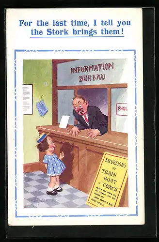 Künstler-AK Donald McGill: The stork brings them, Mädchen im Informationsbüro