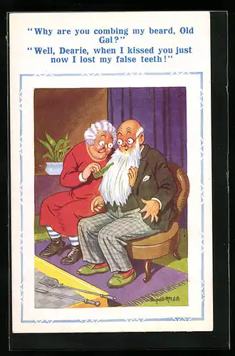 Künstler-AK Donald McGill: Why are you combing my beard, Old Gal? Frau kämmt Mann den Bart