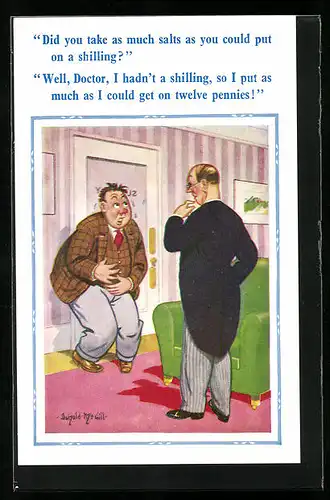 Künstler-AK Donald McGill: Well, Doctor, I hadn`t a shilling, Mann beim Arzt