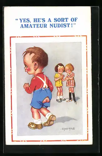 Künstler-AK Donald McGill: Yes, he`s a sort of amateur nudist!, Junge mit offener Hose