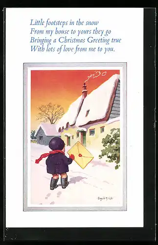Künstler-AK Donald McGill: Little footsteps in the snow, Kind läuft mit Brief zum Haus
