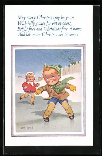 Künstler-AK Donald McGill: May every Christmas joy be yours..., Kinder spielen auf zugefrorenem See