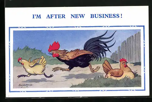 Künstler-AK Donald McGill: I`m after new Business, Hahn hetzt Henne hinterher