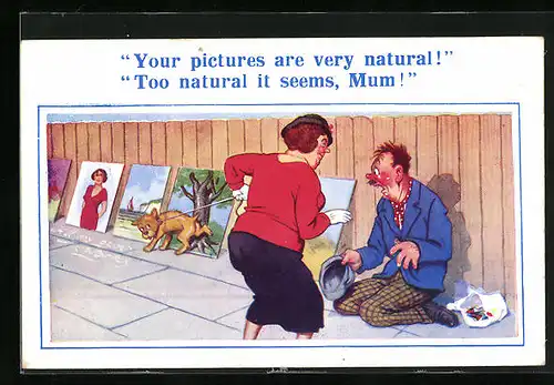 Künstler-AK Donald McGill: Your pictures are very natural, Hund pinkelt an ein Gemälde