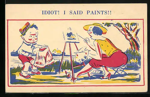 Künstler-AK Donald McGill: Idiot! I said Paints!!, Schimpfende Malerin