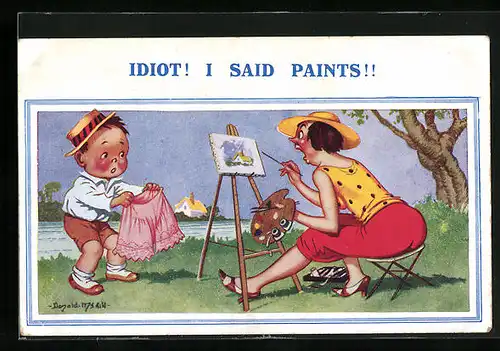 Künstler-AK Donald McGill: Idiot! I said Paints!!, Schimpfende Malerin