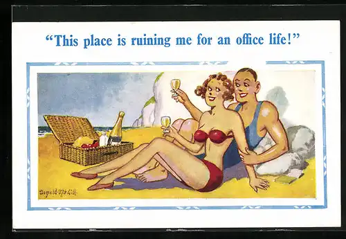 Künstler-AK Donald McGill: This place is ruining me for an office life!, Paar am Strand