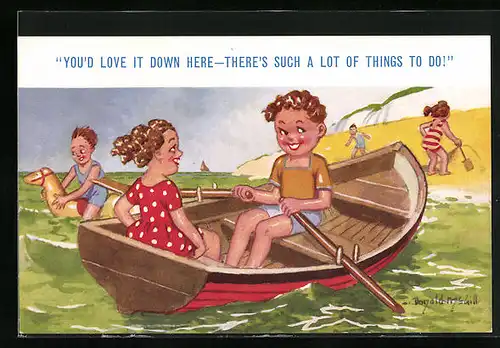 Künstler-AK Donald McGill: You`d love it down here..., Kleines Paar im Ruderboot