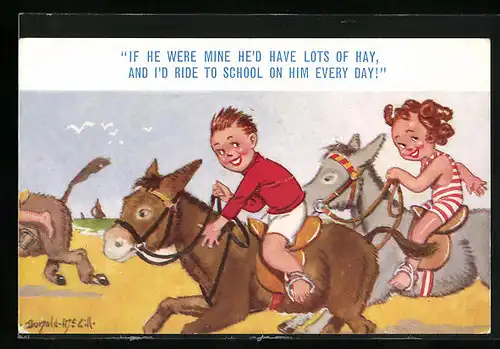 Künstler-AK Donald McGill: If he were mine he`d have lots of hay..., Kleines Paar beim Eselsritt