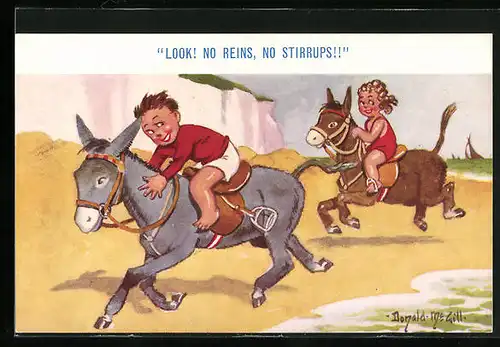 Künstler-AK Donald McGill: Look! No Reins, No Stirrups!!, Kleines Paar beim Eselsritt