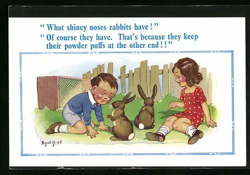 Künstler-AK Donald McGill: What shiney noses rabbits have!, Kinder mit Kaninchen