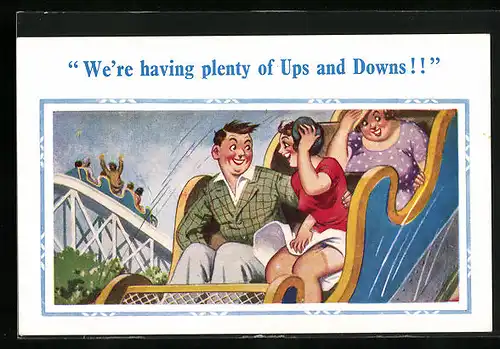 Künstler-AK Donald McGill: We`re having plenty of Ups and Downs, Wilde Achterbahnfahrt