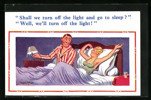 Künstler-AK Donald McGill: Shall we turn off the light..., Ehepaar im Bett