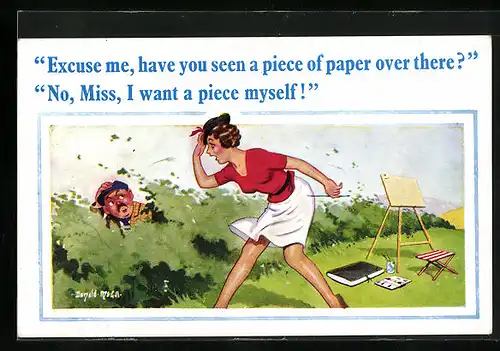 Künstler-AK Donald McGill: Malerin bei stürmischem Wetter