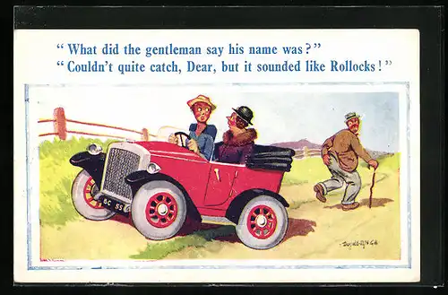 Künstler-AK Donald McGill: What did the gentleman say his name was?, Damen im Auto