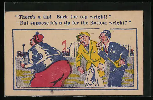 Künstler-AK Donald McGill: Männer machen sich über den dicken Hintern einer Frau lustig