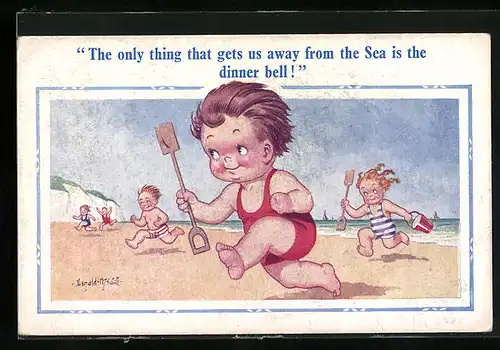 Künstler-AK Donald McGill: Kinder spielen am Strand