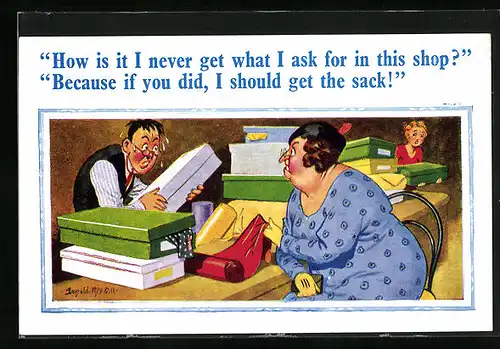 Künstler-AK Donald McGill: Tuchmacher ärgert sich mit einer Kundin herum