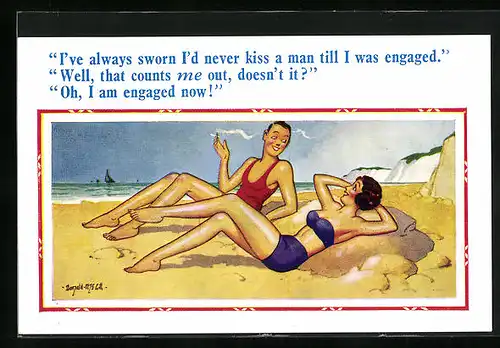 Künstler-AK Donald McGill: I`ve always sworn I`d never kiss a man till I was engaged