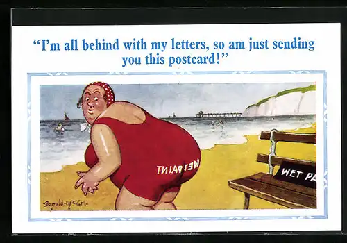 Künstler-AK Donald McGill: Üppige Strandnixe hat auf frisch gestrichener Bank Platz genommen
