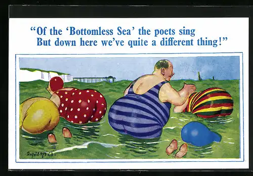 Künstler-AK Donald McGill: Of the Bottomless Sea the poets sing, Dicke Urlauber im Meer