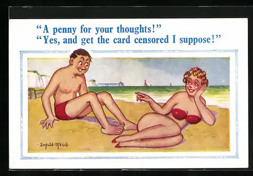 Künstler-AK Donald McGill: A penny for your thoughts!, Paar beim Flirt am Strand
