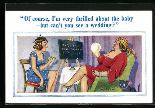 Künstler-AK Donald McGill: Junge Frau bei einer Wahrsagerin