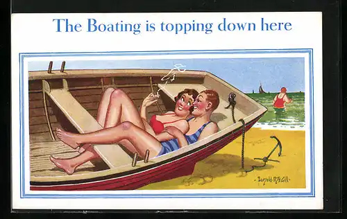 Künstler-AK Donald McGill: The Boating is topping down here, Paar im Boot