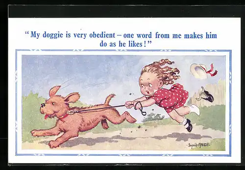 Künstler-AK Donald McGill: My doggie is very obedient, Mädchen mit wildem Hund