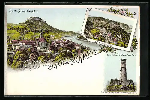 Lithographie Königstein /Sächs. Schweiz, Stadt und Festung, Bad Schweizermühle