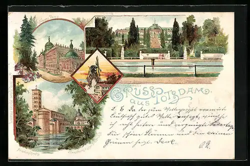 Lithographie Potsdam, Neues Palais, Friedenskirche, Mausoleum Kaiser Friedrich III.