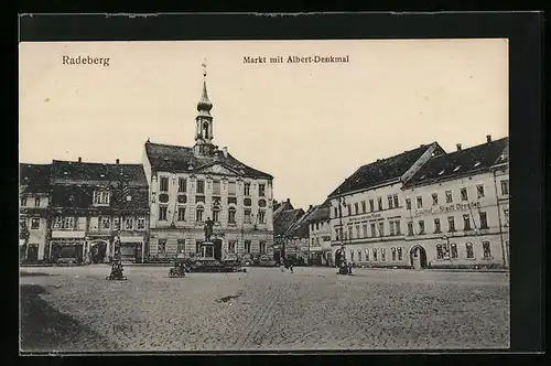 AK Radeberg, Markt mit Albert-Denkmal