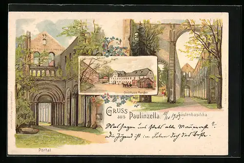 Lithographie Paulinzella, Gasthaus Menger, Portal, Säulenbasilika