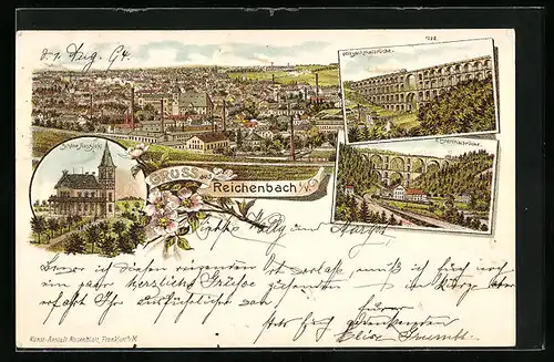 Vorläufer-Lithographie Reichenbach i. V., 1894, Totalansicht, Hotel Schöne Aussicht, Göltzschtalbrücke, Elstertalbrücke