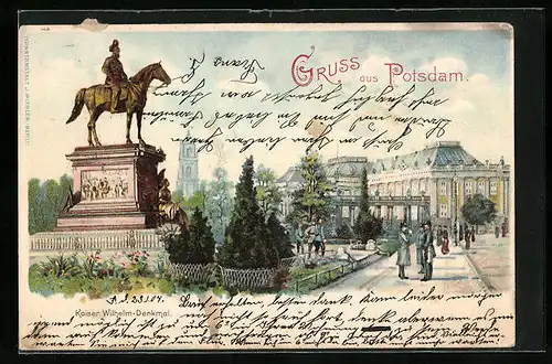 Lithographie Potsdam, Ortspartie mit Kaiser Wilhelm-Denkmal