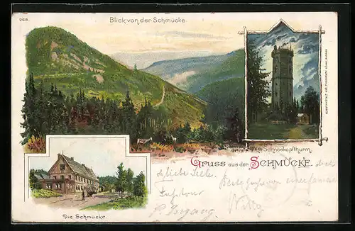 Lithographie Gehlberg, Gasthaus Schmücke, Schneekopfthurm