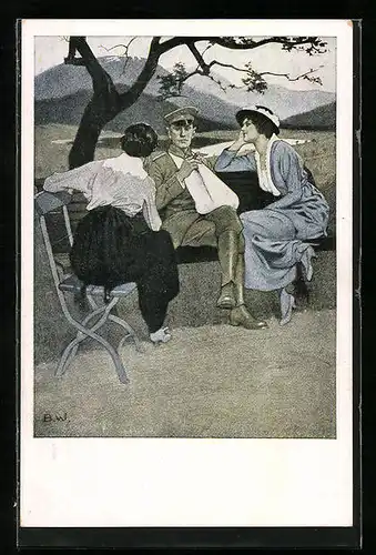 Künstler-AK Brynolf Wennerberg: Junger Soldat wird von Damen umgarnt